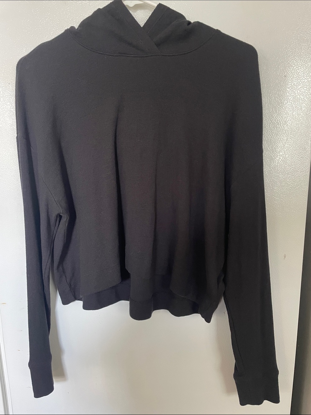 Athleta XS Ribbed Black Lightweight Hooded Pullover Cotton Tencel‎ Modal Blend